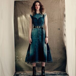 Alexander McQueen 2021 Runway Washed Denim Shadow Bodice Midi Dress sz 44 US 8